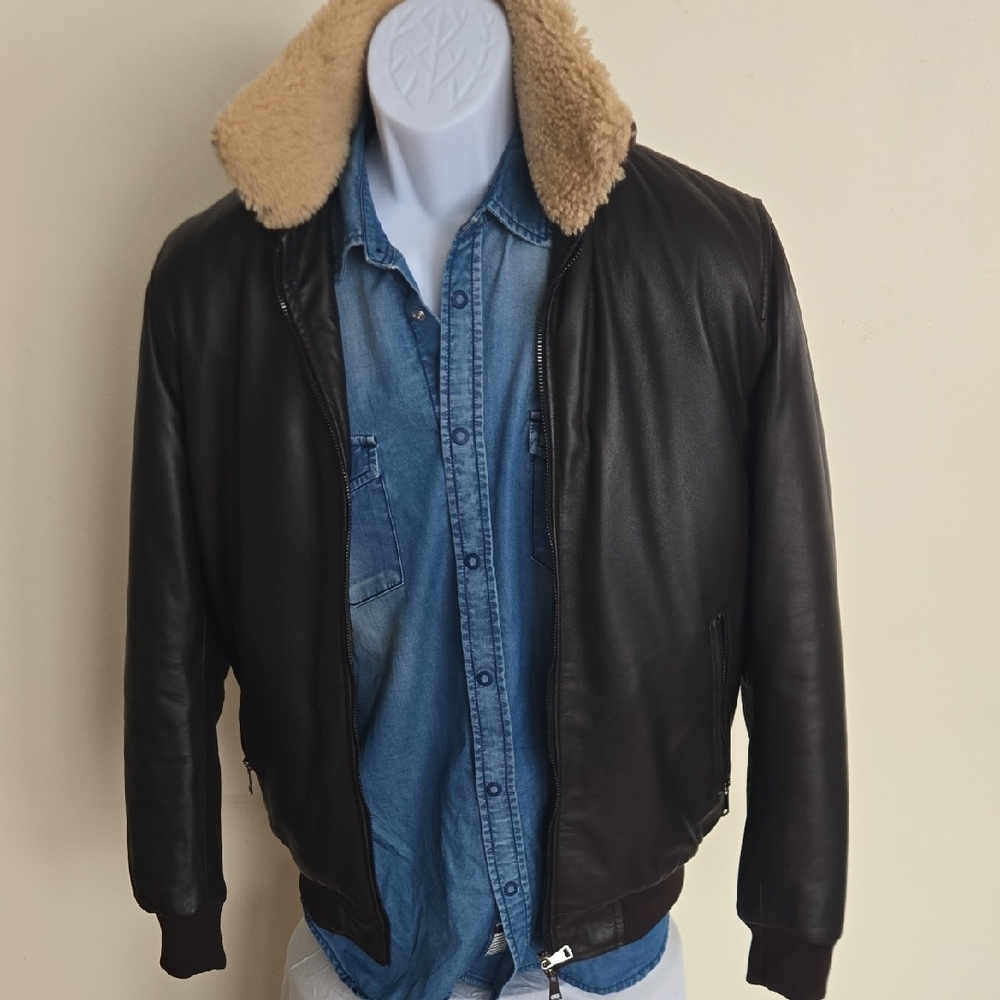 Like NEW! Ezzelino Men's Dark Brown Bomber Jacket with Shearling Collar